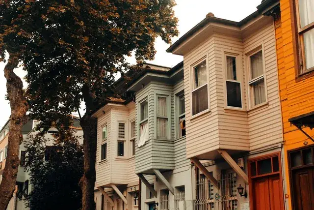 A tree being worked on between two houses set close together in town